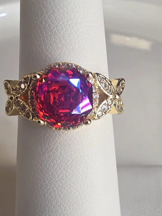 Adjustable Yellow Gold Tone Pink Moissanite Butterfly Ring | Matching Pendant Ri