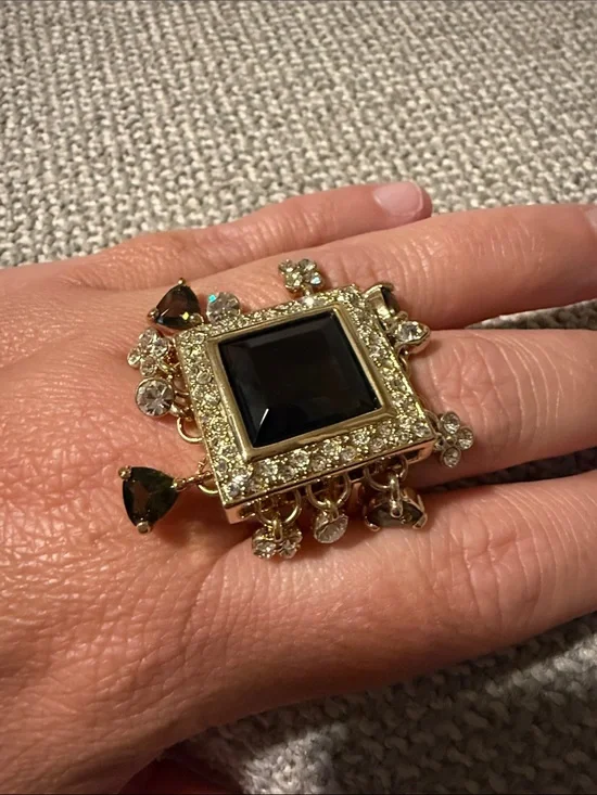 Gold-Tone Black Stone Square Charm Ring 9.5