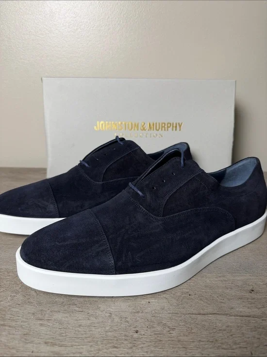 Johnston & Murphy Navy Italian Suede Bolivar Cap Toe with White Sole