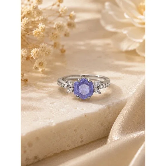 Bomb Party Make It Count Lavender Fluorite Hexagon Ring Rhodium Plated Size 8‎