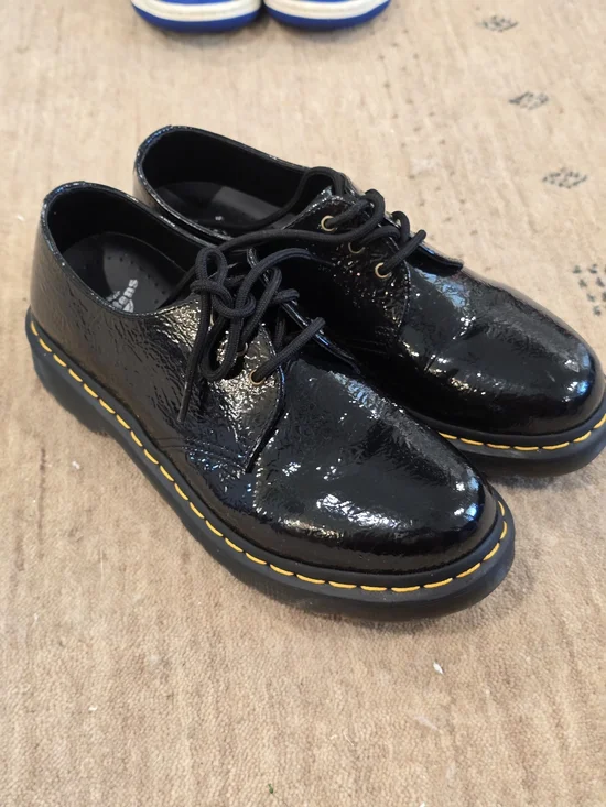 Dr. Martens Black Patent Leather Lace-Up Oxfords with Yellow Stitching