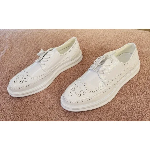 Mens White Patent Wingtip Brogues Platform Dress Shoes A310 Size 43 (size 9 Men)