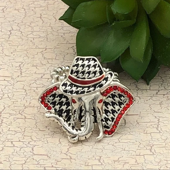 🌼 Houndstooth Elephant Fedora Hat Alabama Pride Silver Stretch Ring