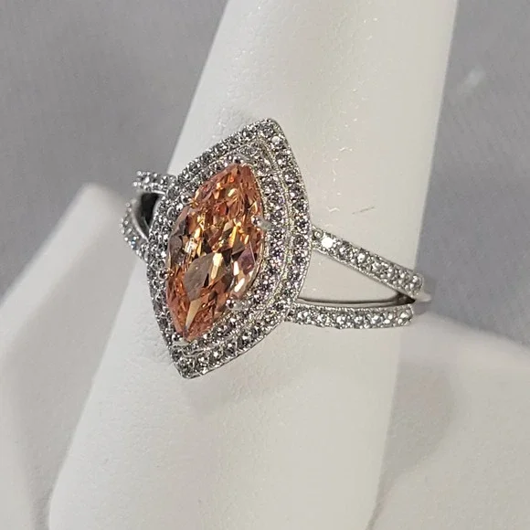 Sterling Silver Halo Ring Womens Size 8.75 Peach Marquise Glass Split Shank Pavé