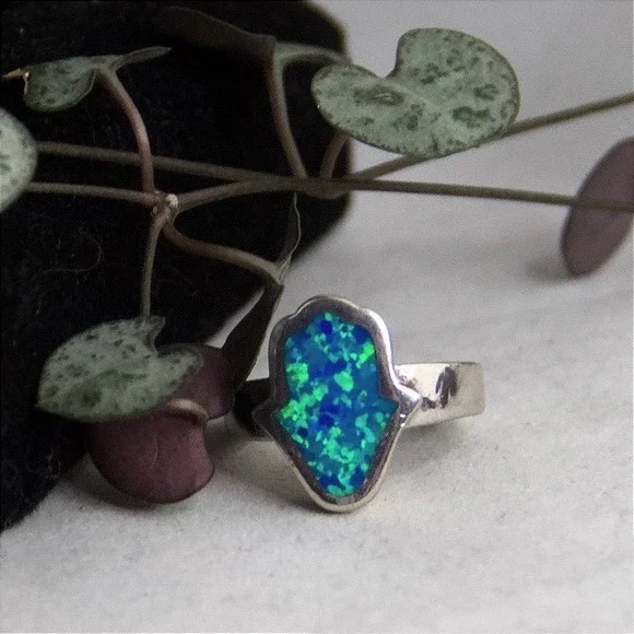 Sterling Silver 925 Hamsa Hand Blue Green Opal Inlay Ring Size 6.75 Spiritual