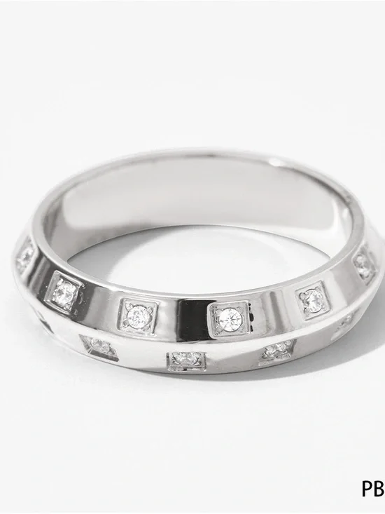 Polished Silver Band Ring with Embedded Crystals - Women’s Ring