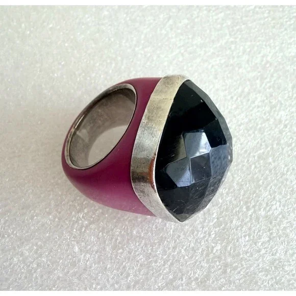 Signed AF 925 Sterling Silver Pink Resin Faceted Black Onyx Dome Ring Size 6.5