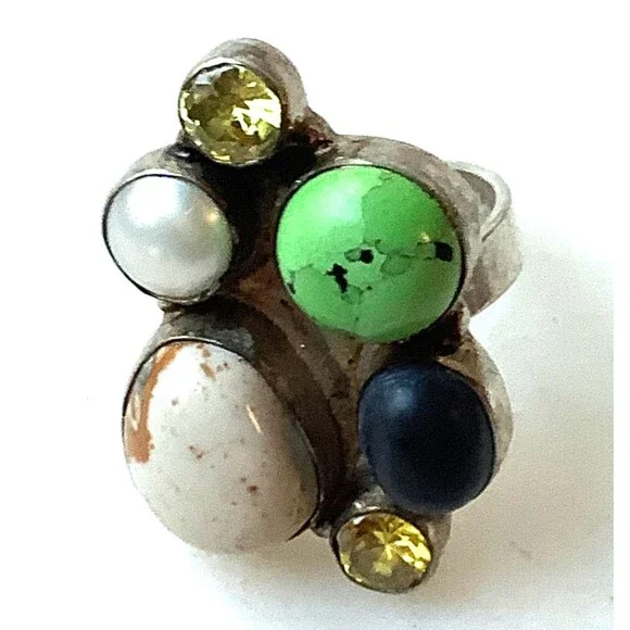 Handcrafted Ring Sterling Silver Vintage Size 8 Multi Stone Cluster Signed 925
