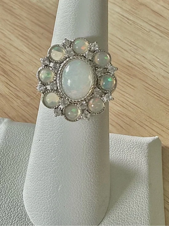 Sterling Silver White Sapphire and Opal Cluster Ring - Size 6