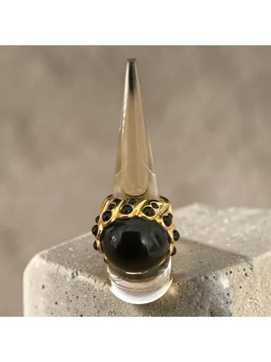 J Crew Adjustable Gold-Tone Ring Large Black Cabochon Statement Cocktail Sz 6-7