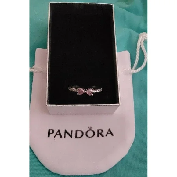 Pandora Sparkling Bow Ring Sterling Silver Pink Heart Cubic Zirconia 190906CZ 54