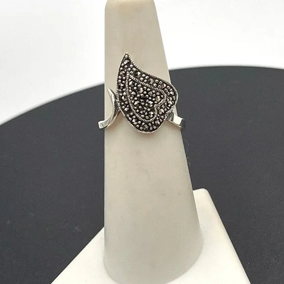 Marsala Marcasite 925 Sterling Silver Leaf Swirl Ring 3 grams Sz 6.75