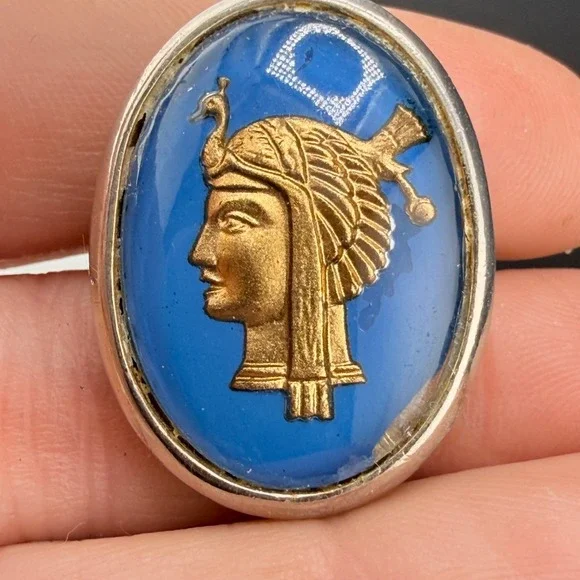 Vintage Egyptian Revival‎ Ring Blue Silver Tone Adjustable Size 8
