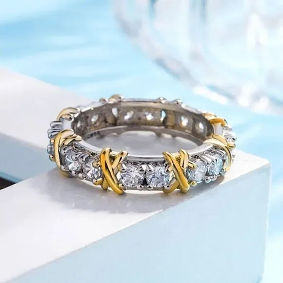 Exquisite Dual Color X Ring Platinum Plated Rhinestone Women Jewelry Accessories