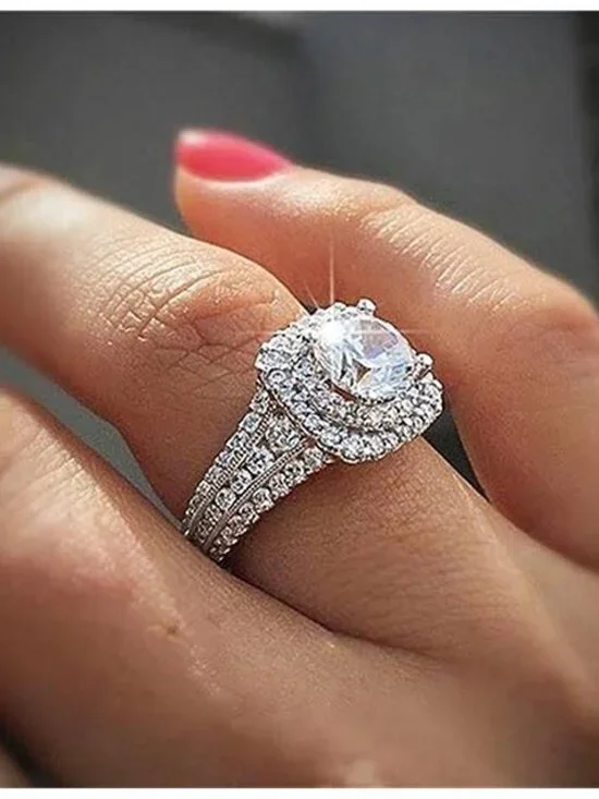 Silver Plated Shiny Ring Round-Cut White Cubic Zirconia Stones Fashion Ring 9
