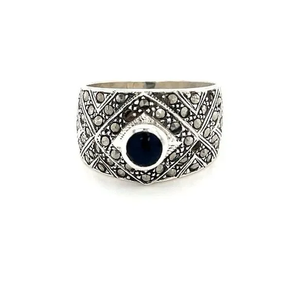 Bold Onyx/Marcasite Sterling Silver 925 Ring‎