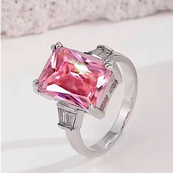 New Silver Square Cut Pink Statement Amethyst Ring