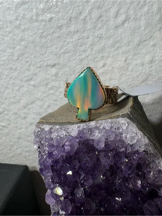 Spade-Shape Aurora  Stone Adjustable Copper Ring