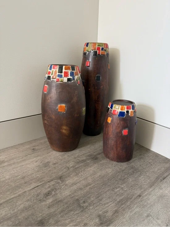 Pier 1 Brown Ceramic Vases with Colorful Mosaic Tops