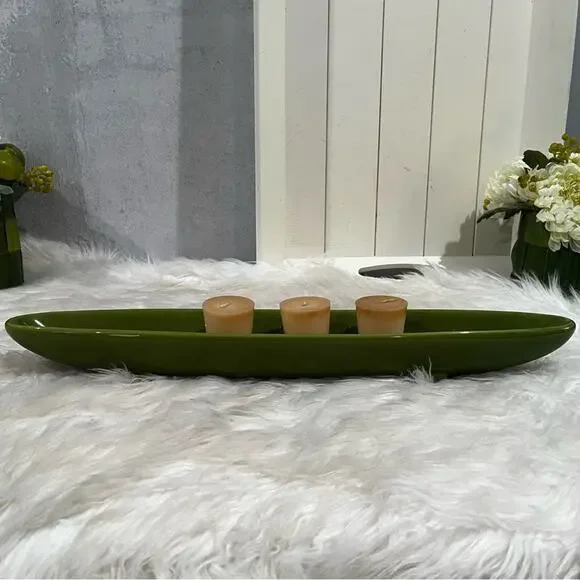 NEW Pier One Ceramic Footed Floating Candle Boat Candleholder Green 18” NWOT