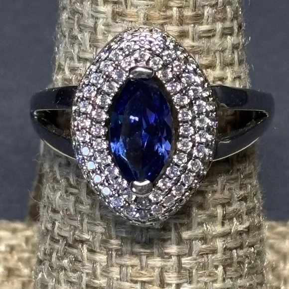 New 925 Sterling Silver Blue CZ Halo Ring Marquise Size 7 NOS $199 Sim. Sapphire