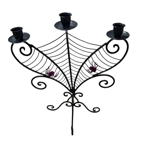 Spiderweb And Spiders Halloween 15” 3 Candle Candle Holder Metal