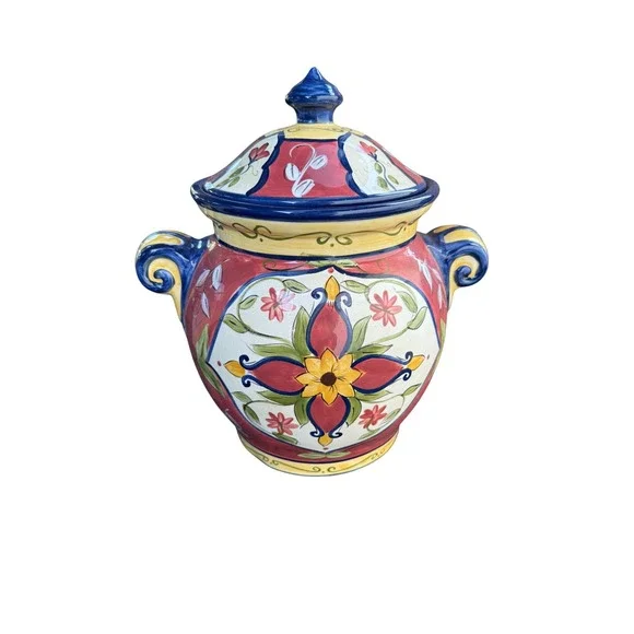 Pier 1 Vallarta Handpainted Earthenware Canister‎ Lidded cookie Jar Floral