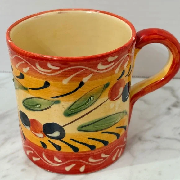 Hand Painted Mediterranean Olive Ceramic‎ Coffee Mug Red Orange Yellow Tuscan
