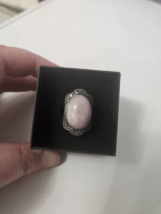 Vintage Style Rose Quartz Gemstone Ring Stainless Milgrain Edging Adjustable!