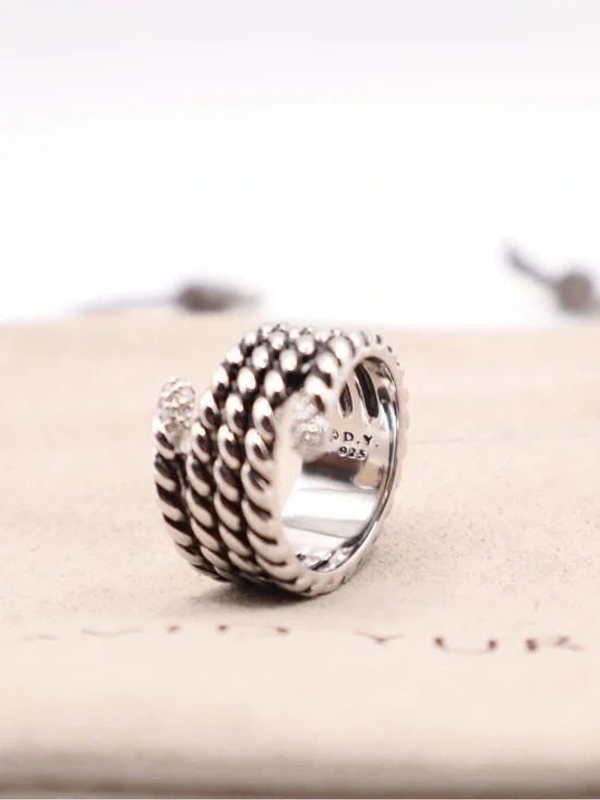 David Yurman Silver Cable Wrap Ring with Pavé Ends