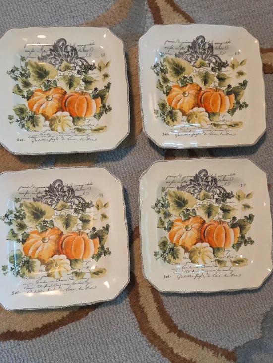 Pier 1 Pumpkin Harvest Square Salad Plates - Orange, Green, Cream Set Of 4