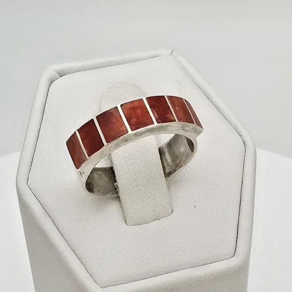 Vtg NATIVE AMERICAN Ring Red Coral Spiny Oyster 950 Sterling Silver Size 6