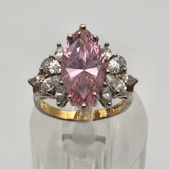 Vintage JL Gold Plated Sterling Silver Pink & Clear Crystal Ring (6.5)