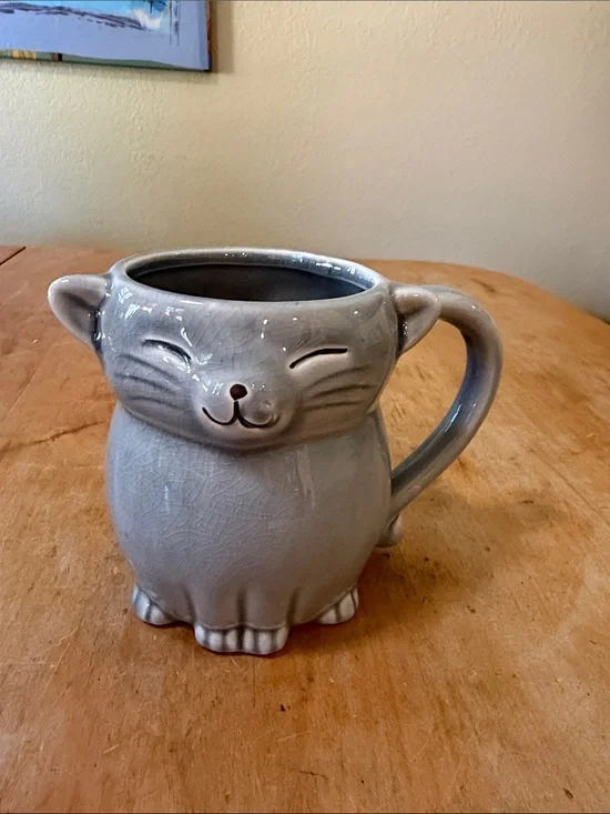 Cute Gray Cat Ceramic Mug - Whimsical Kitty Shape vintage Pier one