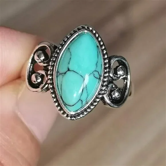 Vintage Handmade Women's‎ Silver Ring Marquise Cut Bohemia Turquoise Jewelry