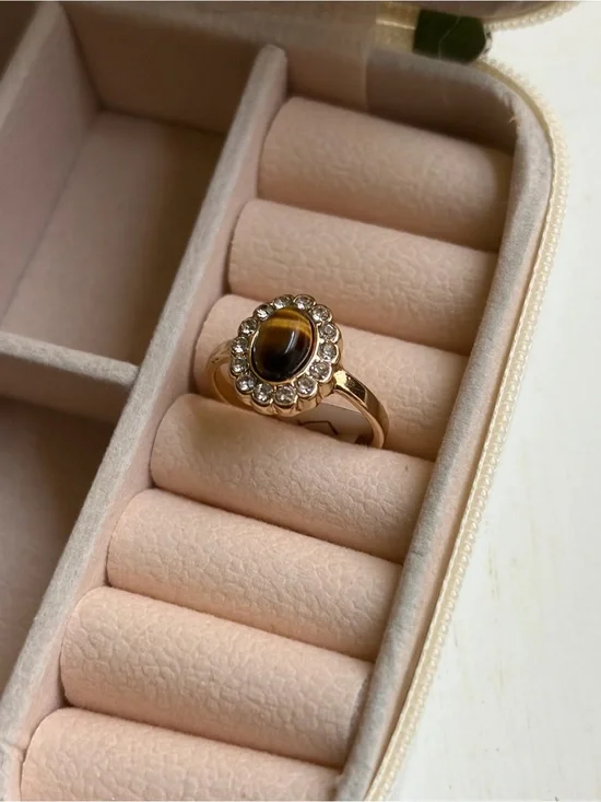 Gold-Tone Tiger's Eye Halo Ring with Clear Stones - Women's Jewelry