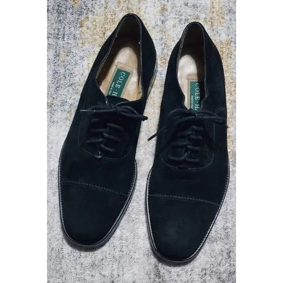 Vintage Cole Haan Men's Black Cap-Toe Suede Oxfords Dress Shoes Size 9.5 D
