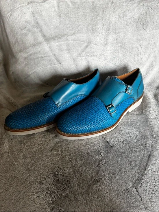 Blue Woven Leather Double Monk Strap Oxfords