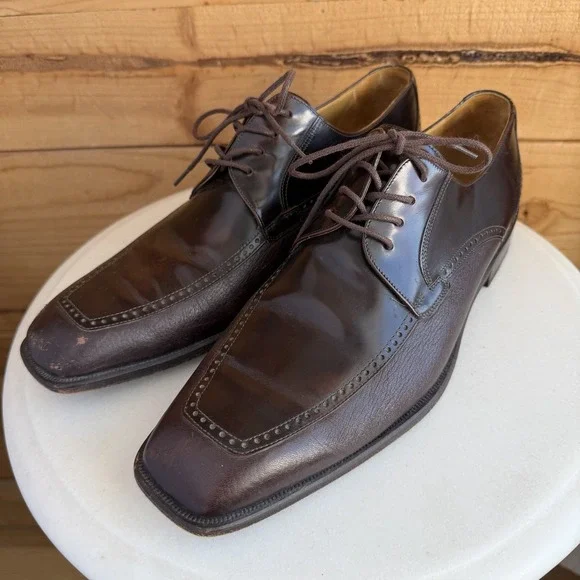 Mezlan‎ Dress Shoes 9M Dark Brown Leather Oxford Apron Square Toe Derby *Scuffs*