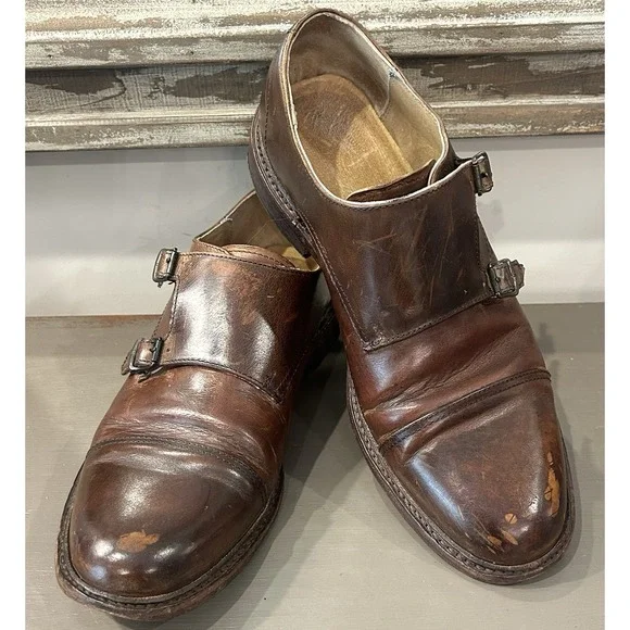 Frye Double Monk Strap Dress Shoes Mens Size 9D‎ Brown Leather Cap Toe Oxford
