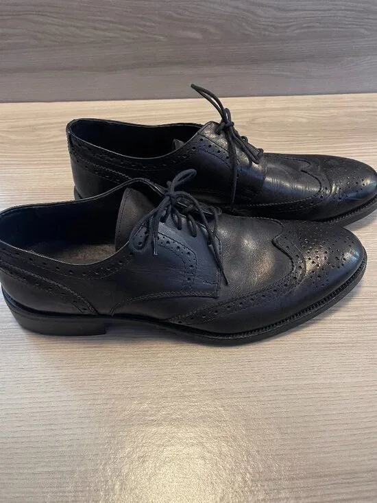Via Dei Calzaiuoli Black Leather Wingtip Oxford Dress Shoes Made in Italy Sz 44