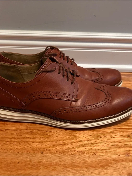 Cole Haan Brown Leather Wingtip Derby Oxfords with White Contrast Sole