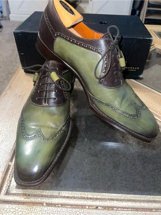 Platinum Mezlan Green and Brown Wingtip Brogue Leather Dress Shoes - Men's 10M