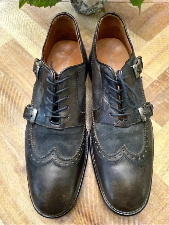 John Varvatos Dark Brown Suede & Leather Brogue Monk Strap Oxfords