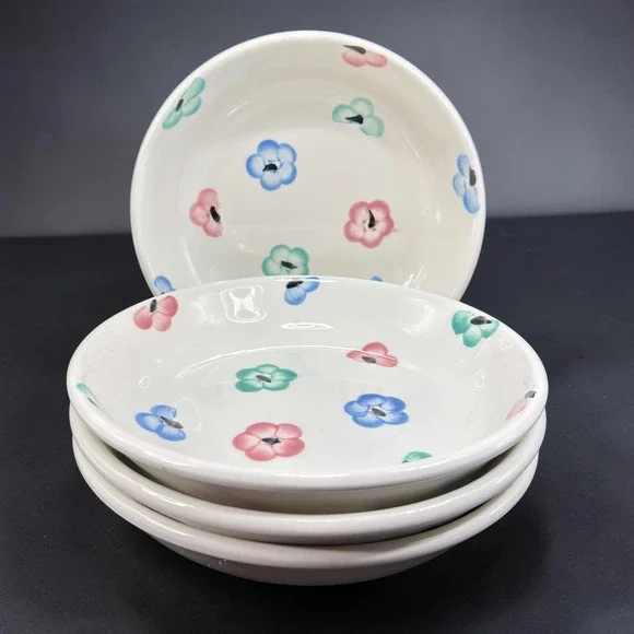 Pier 1 Imports Hand Painted Italy Floral Pasta Bowls Set of 4 White Blue Pink