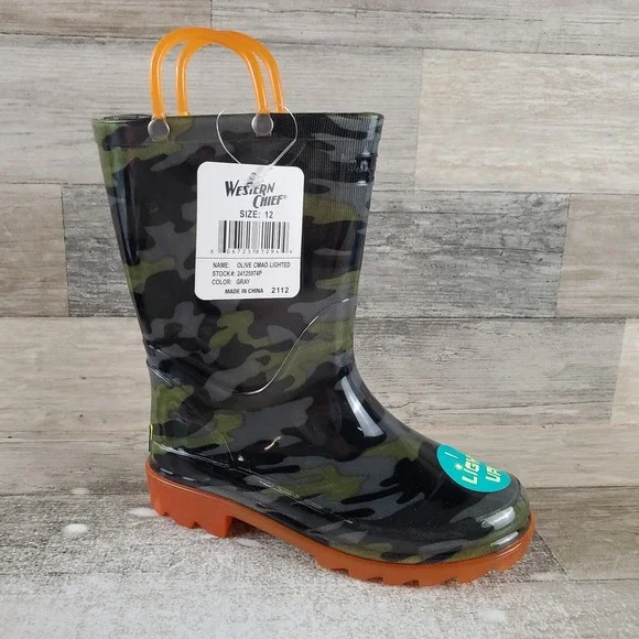 Western Chief Kids Rain Boot Sz 12 Olive Camo Lighted Gray Mid-Top Round Toe