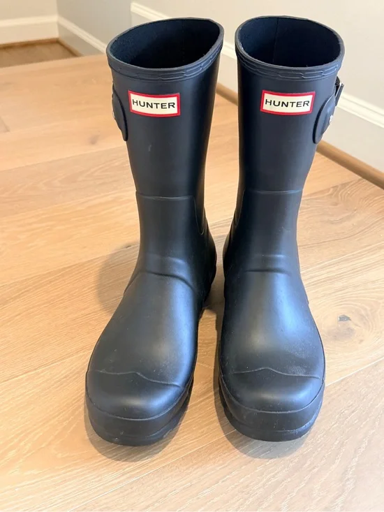 Hunter Matte Black Mid Calf Rain Boots with Logo