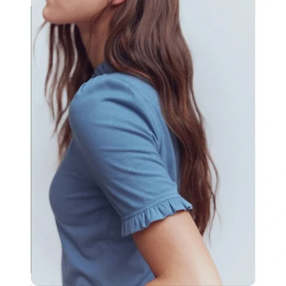 Boden Blue Ruffle Neck Puff Sleeve Keyhole Back Top Womens Size 12 US - M