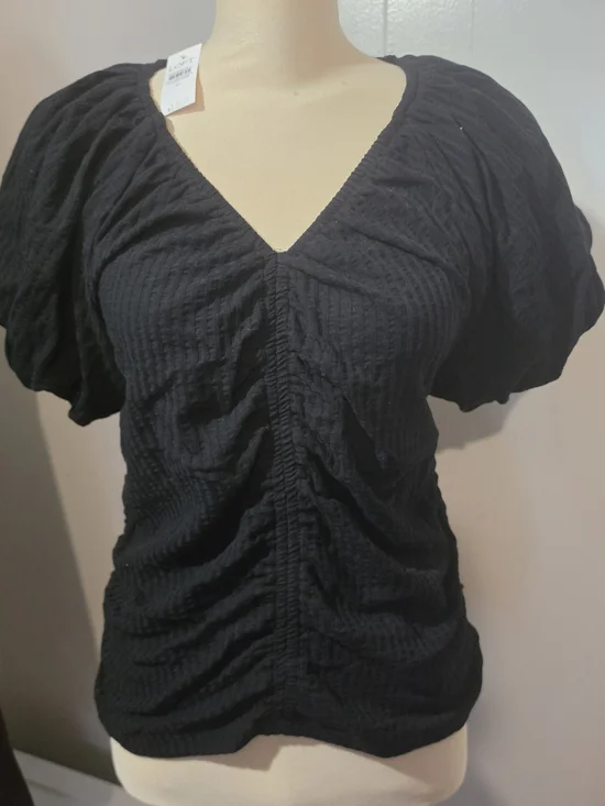 LOFT Black V-Neck Ruched Short Sleeve Blouse