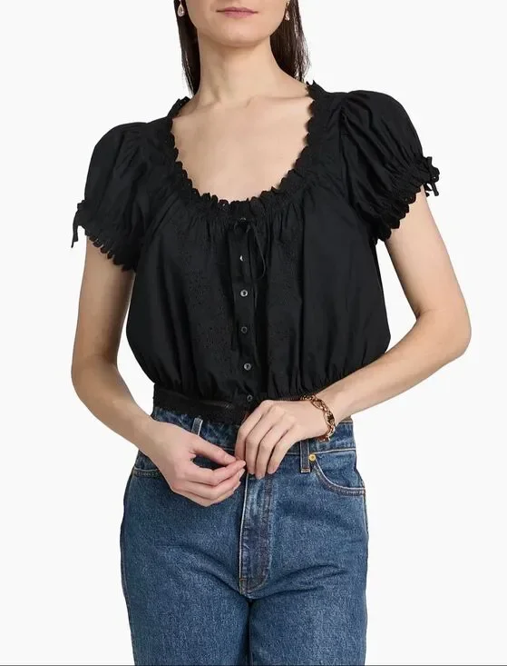 Doen Nera Eyelet Top Black Organic Cotton Puff Sleeve Peplum Blouse XS